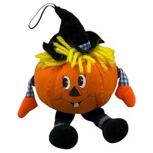 Russ Vintage Halloween Pumpkin Plush Hanging Decor Scarecrow Figure 11” Orange